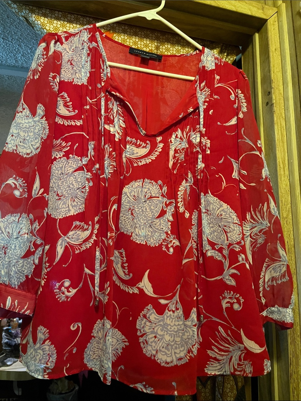 Tommy Hilfiger Red Floral Tie-Front Peasant Blouse